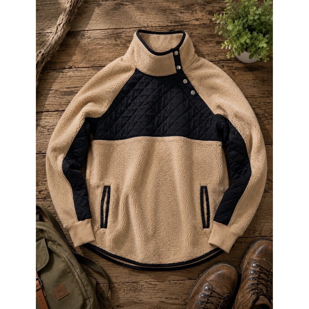 Abercrombie & Fitch Sherpa Quilted Pullover Jacket Oatmeal Black Boho Large